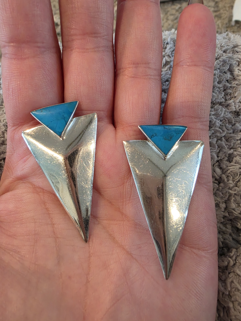 Sterling Silver 925 Geometric Drop Earrings with Turquoise Triangle Accent